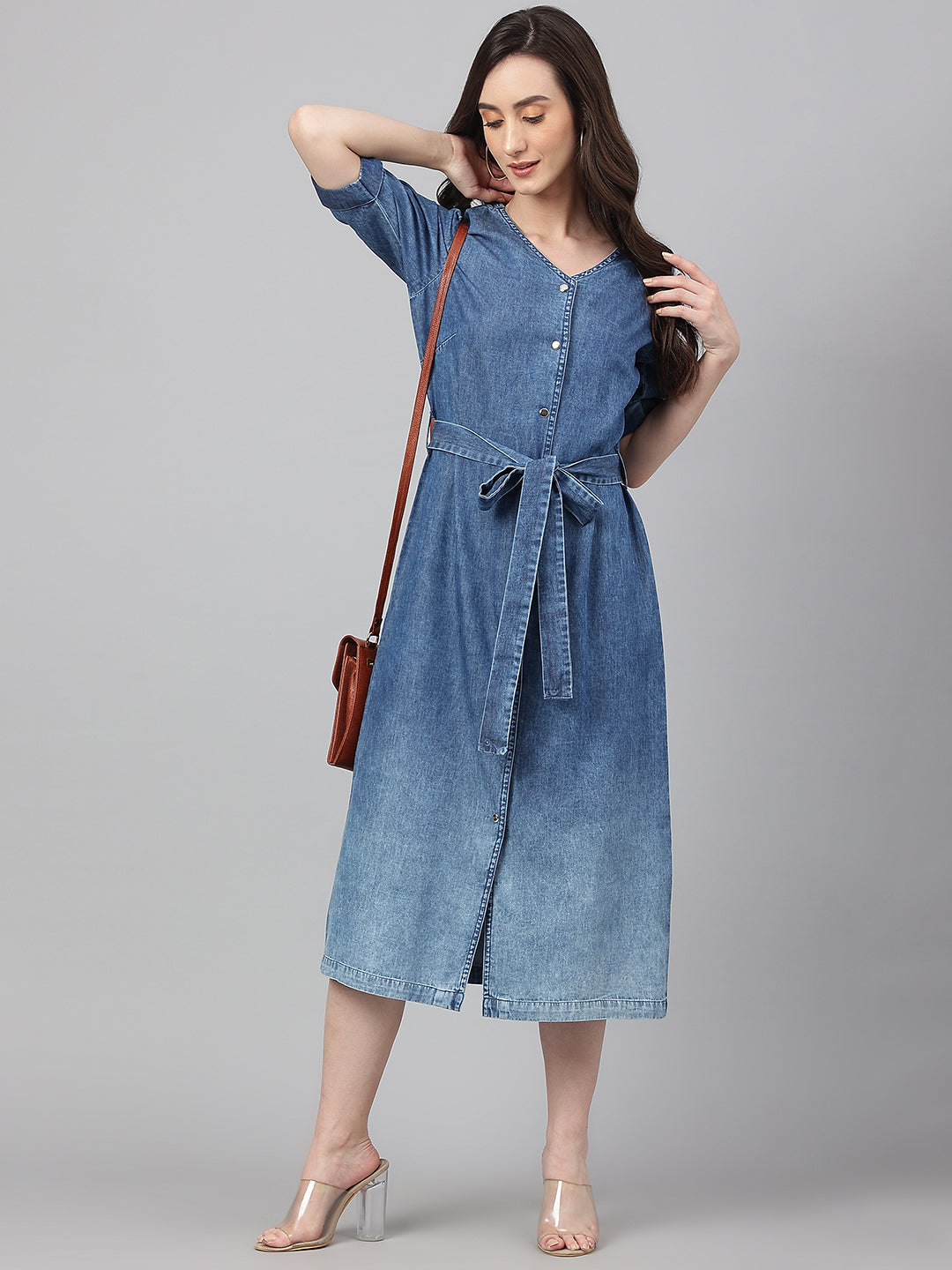 Blue Denim Solid Straight Western Dress Janasya