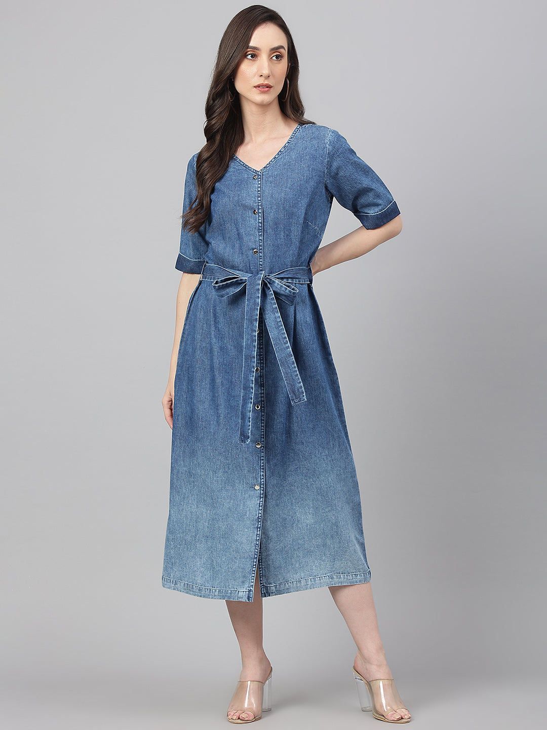 Blue Denim Solid Straight Western Dress Janasya