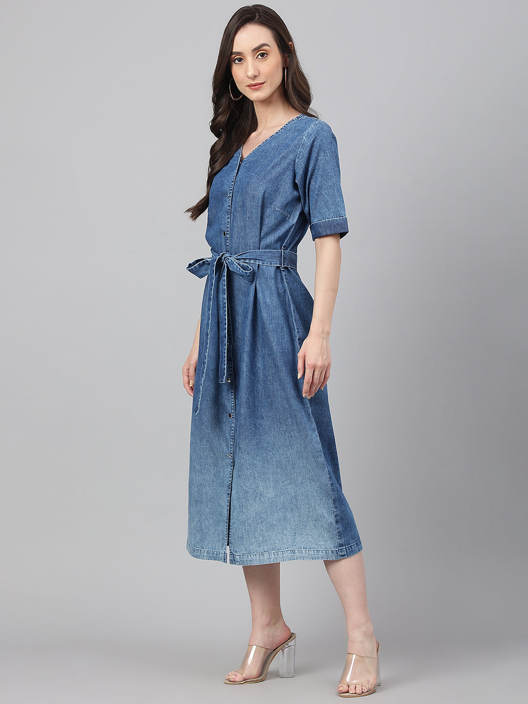 Blue Denim Solid Straight Western Dress Janasya