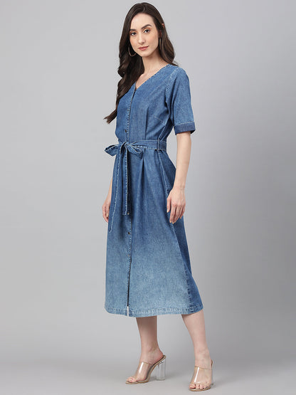 Blue Denim Solid Straight Western Dress Janasya