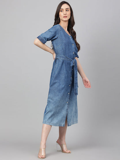 Blue Denim Solid Straight Western Dress Janasya