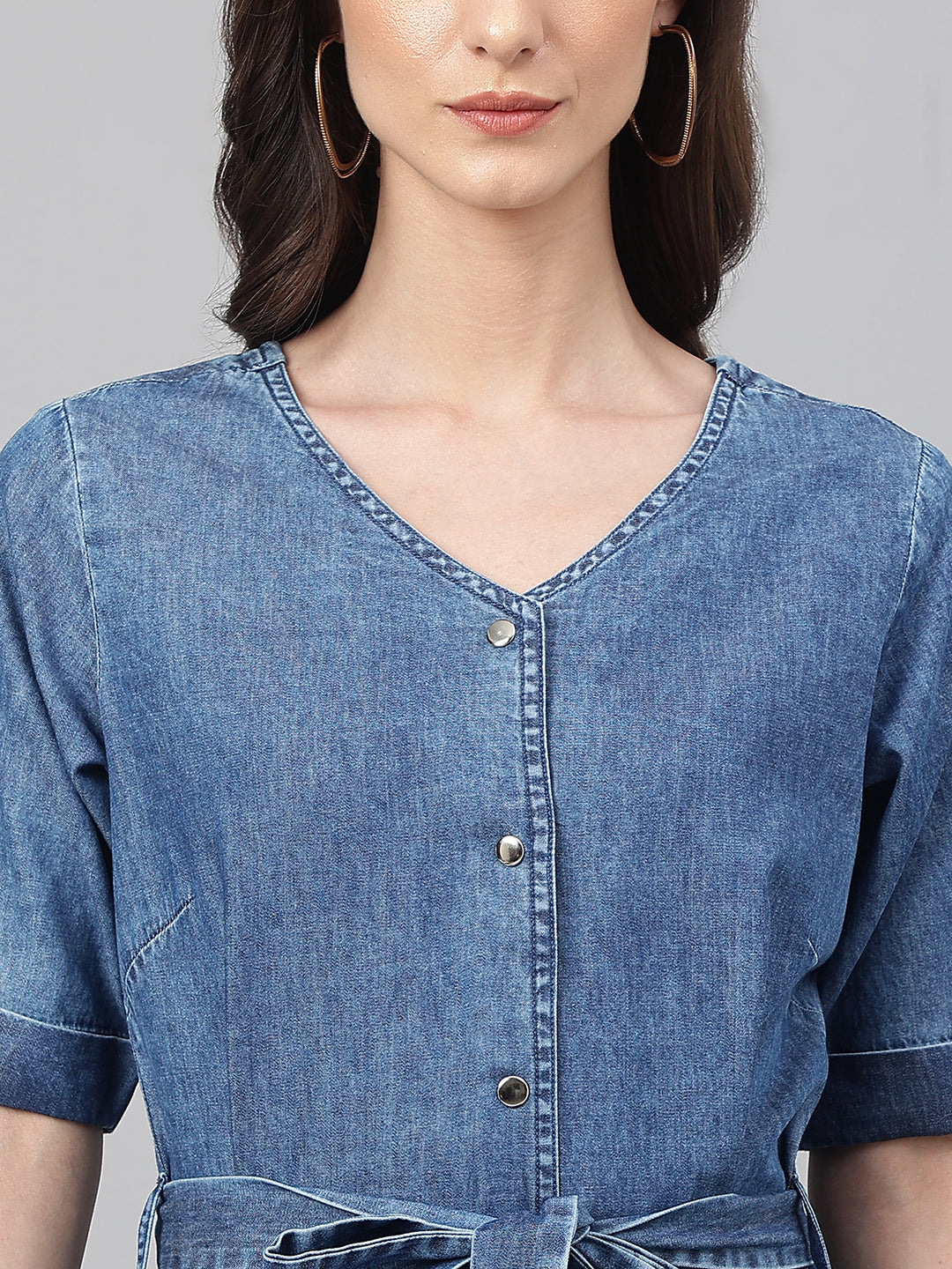 Blue Denim Solid Straight Western Dress Janasya