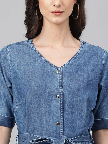 Blue Denim Solid Straight Western Dress Janasya