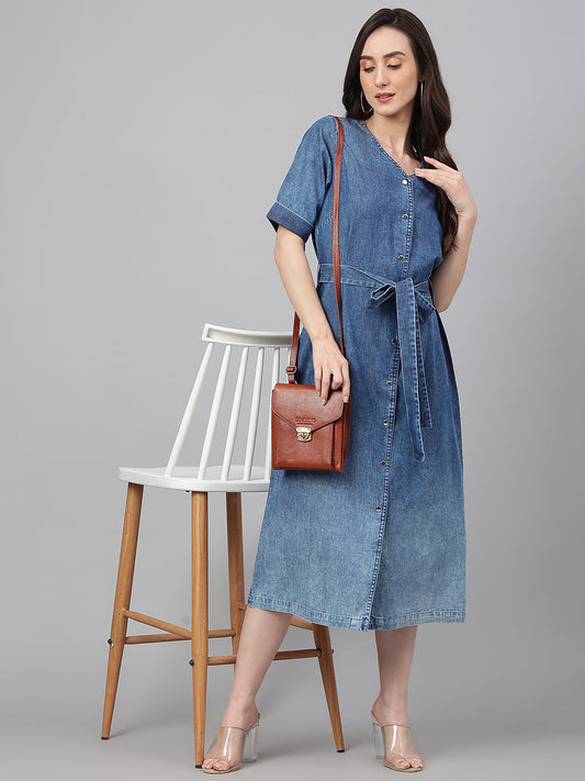 Blue Denim Solid Straight Western Dress Janasya