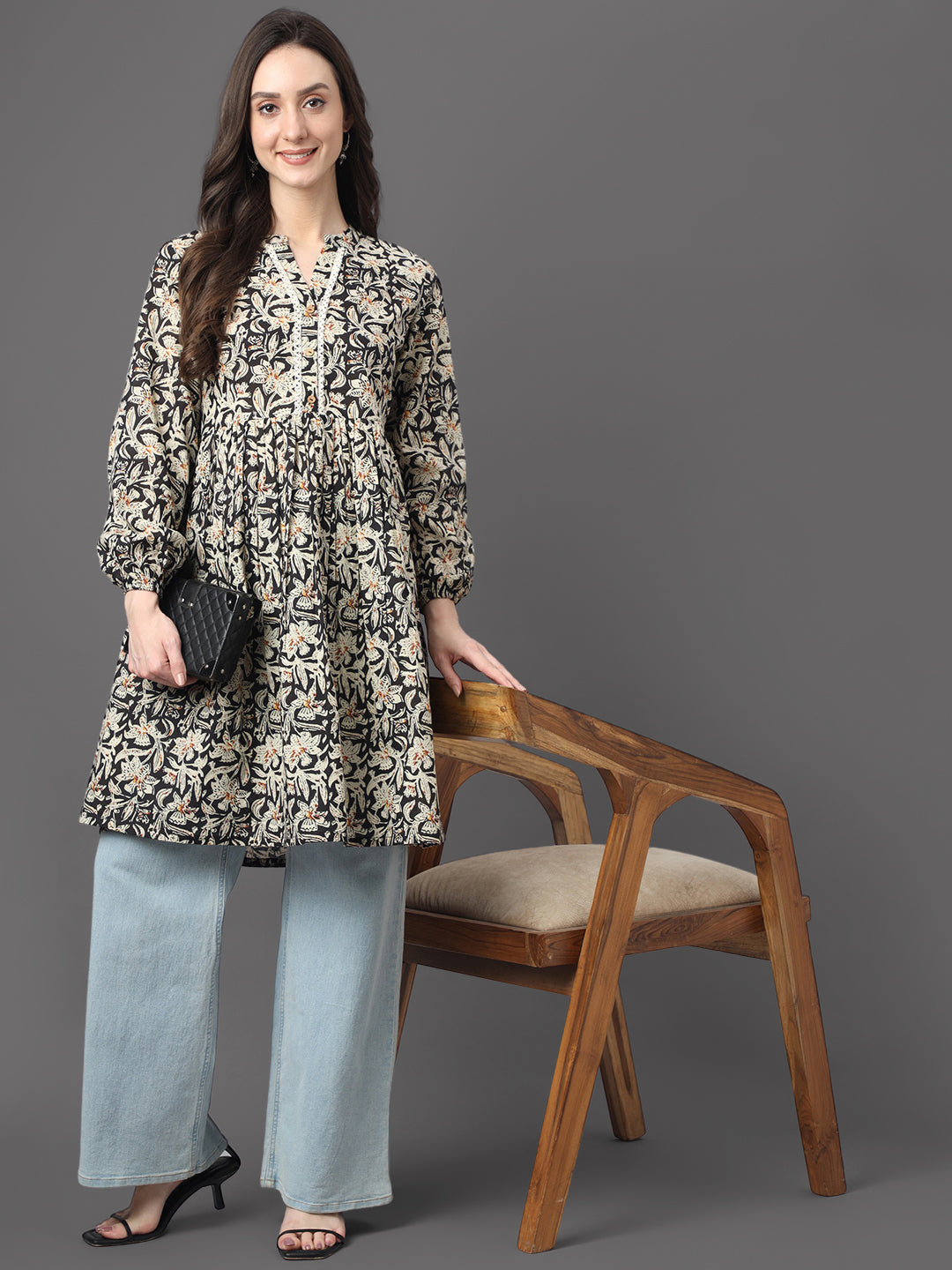 Black Cotton Floral Print Flared Tunic Janasya