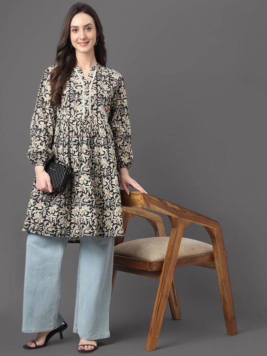 Black Cotton Floral Print Flared Tunic Janasya