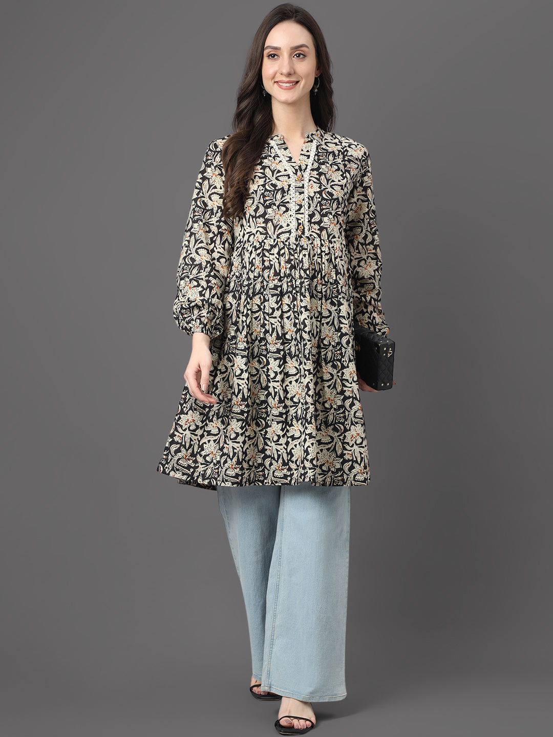 Black Cotton Floral Print Flared Tunic Janasya