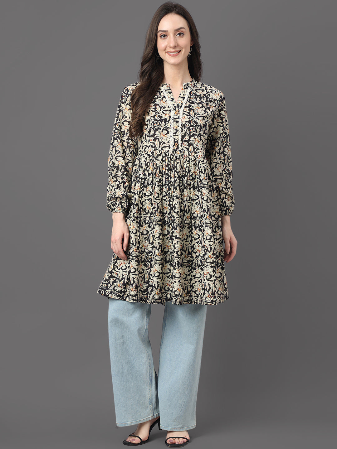 Black Cotton Floral Print Flared Tunic Janasya