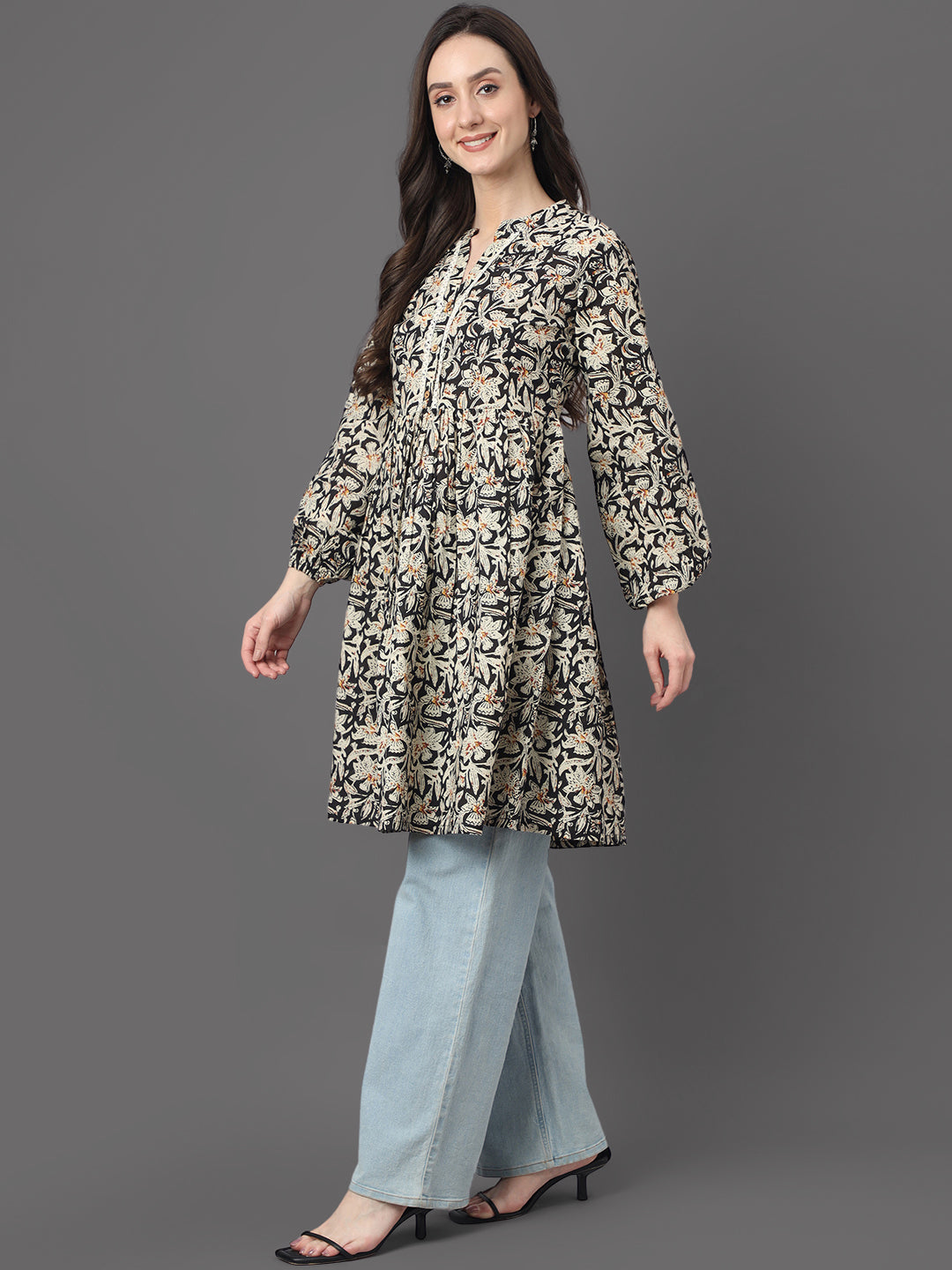 Black Cotton Floral Print Flared Tunic Janasya