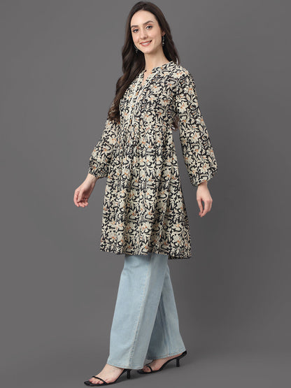 Black Cotton Floral Print Flared Tunic Janasya