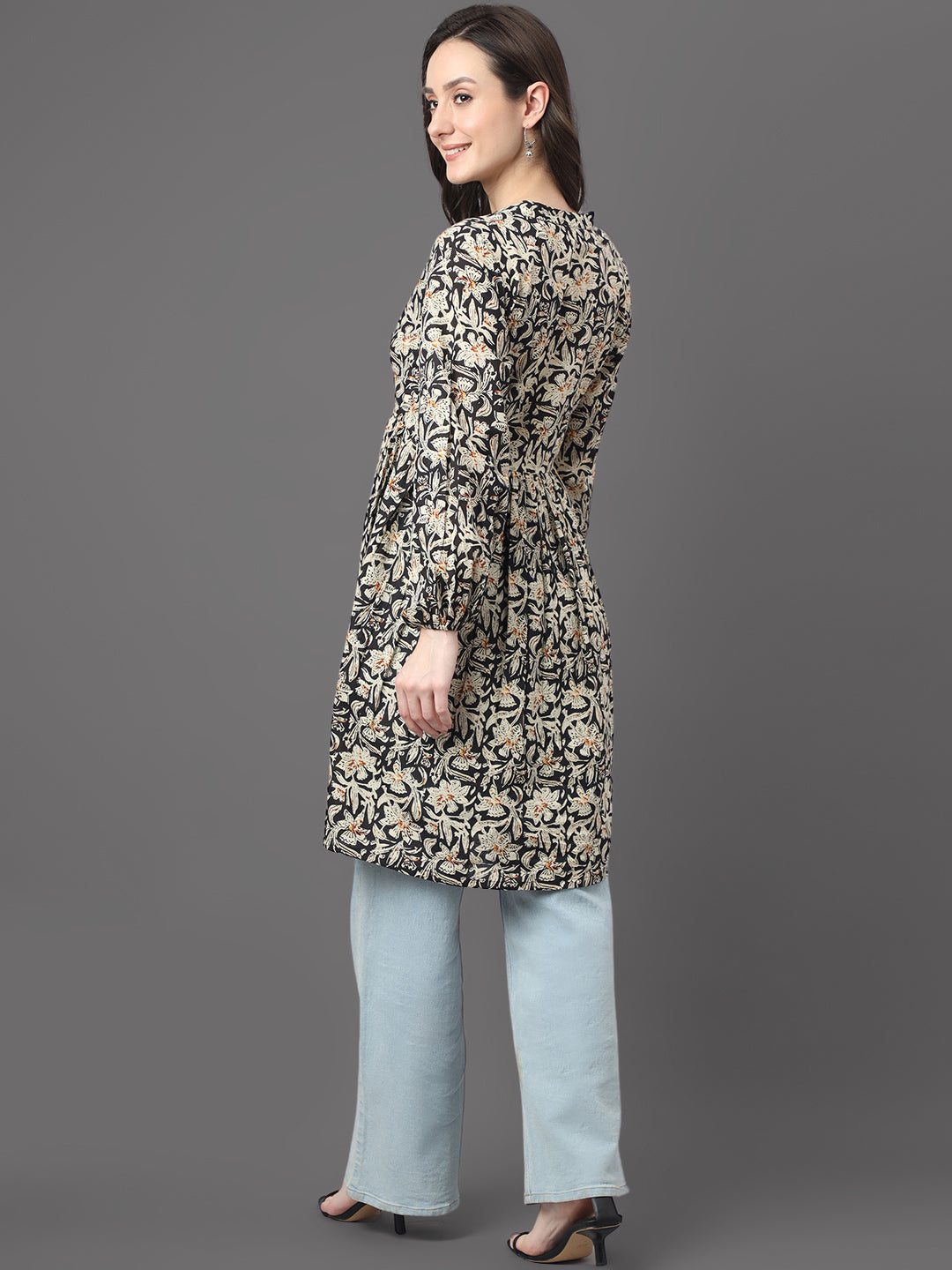 Black Cotton Floral Print Flared Tunic Janasya