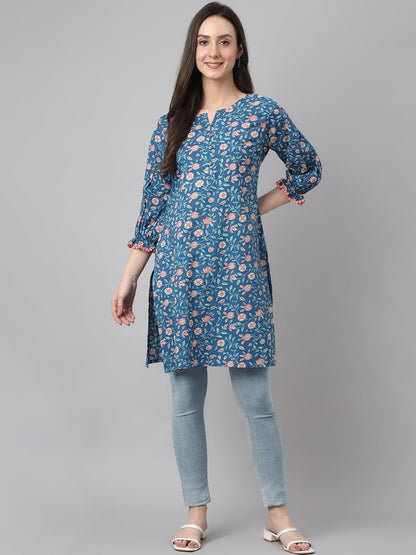 Blue Cotton Floral Print Regular Tunic Janasya