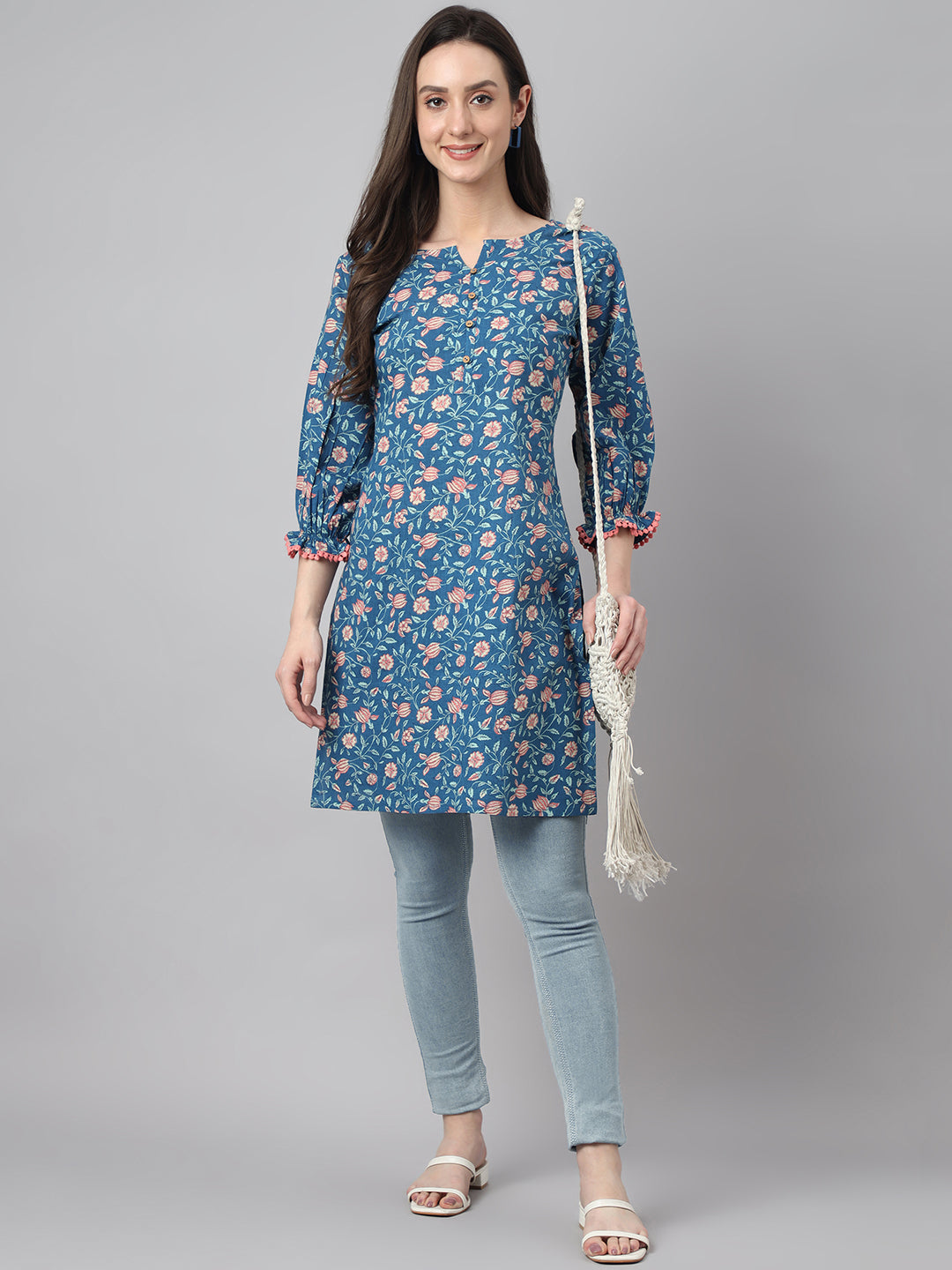 Blue Cotton Floral Print Regular Tunic Janasya