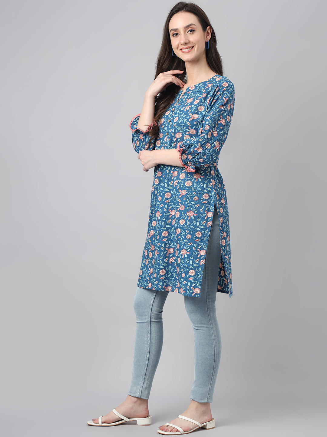 Blue Cotton Floral Print Regular Tunic Janasya