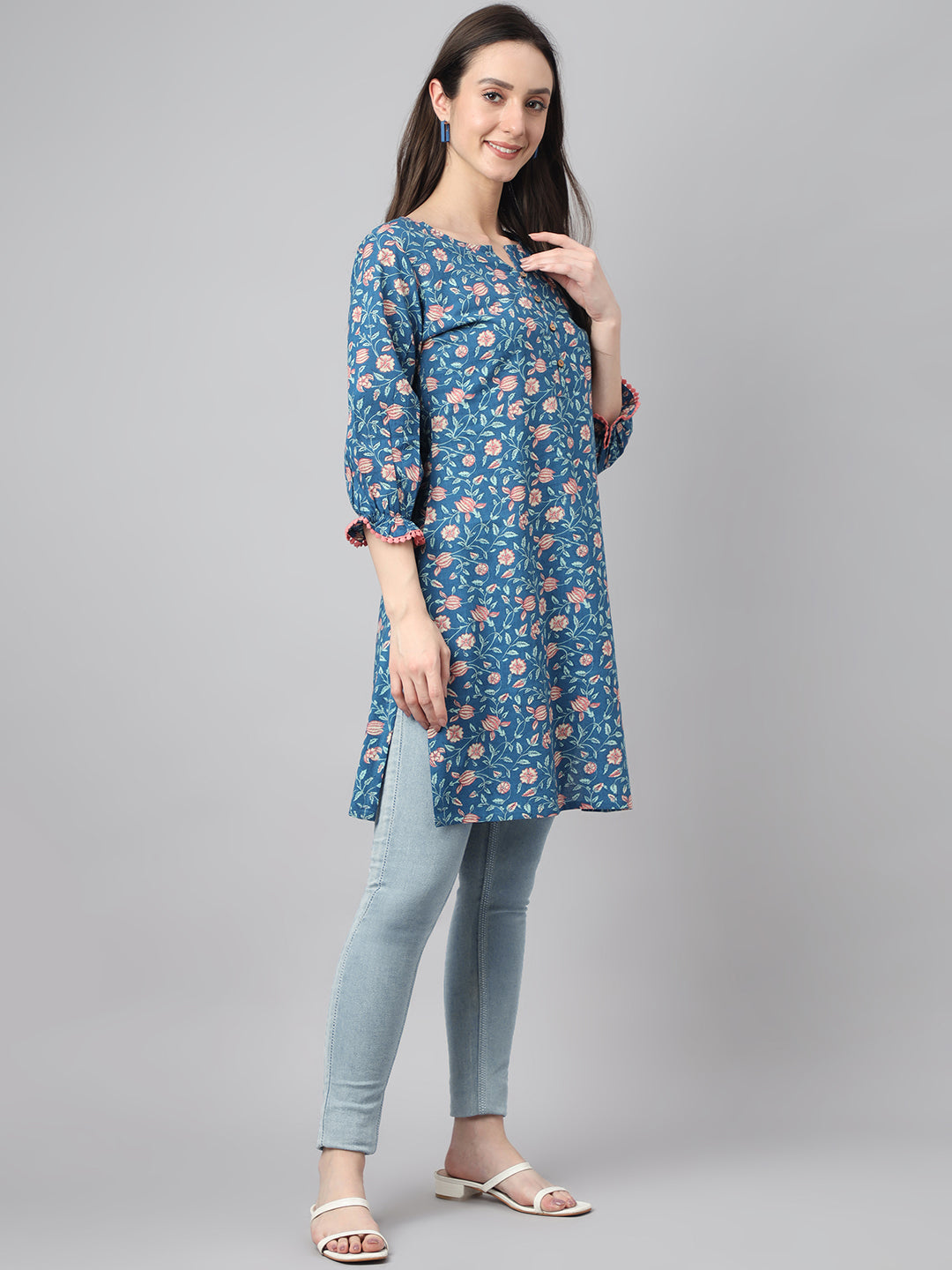 Blue Cotton Floral Print Regular Tunic Janasya