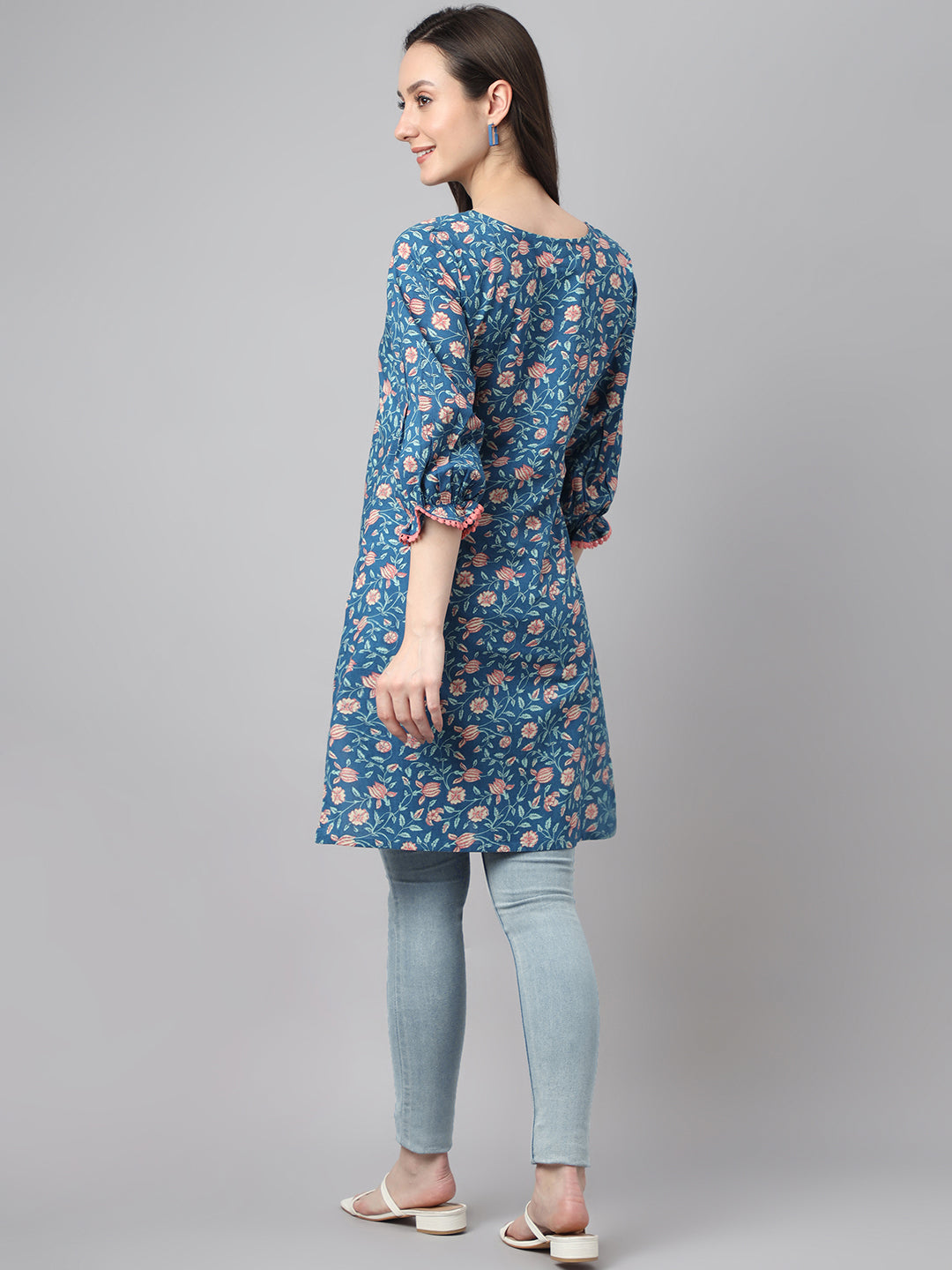 Blue Cotton Floral Print Regular Tunic Janasya