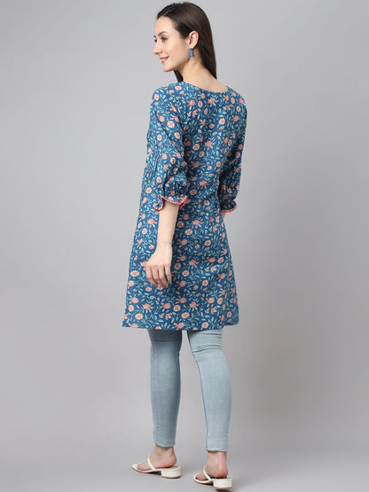 Blue Cotton Floral Print Regular Tunic Janasya