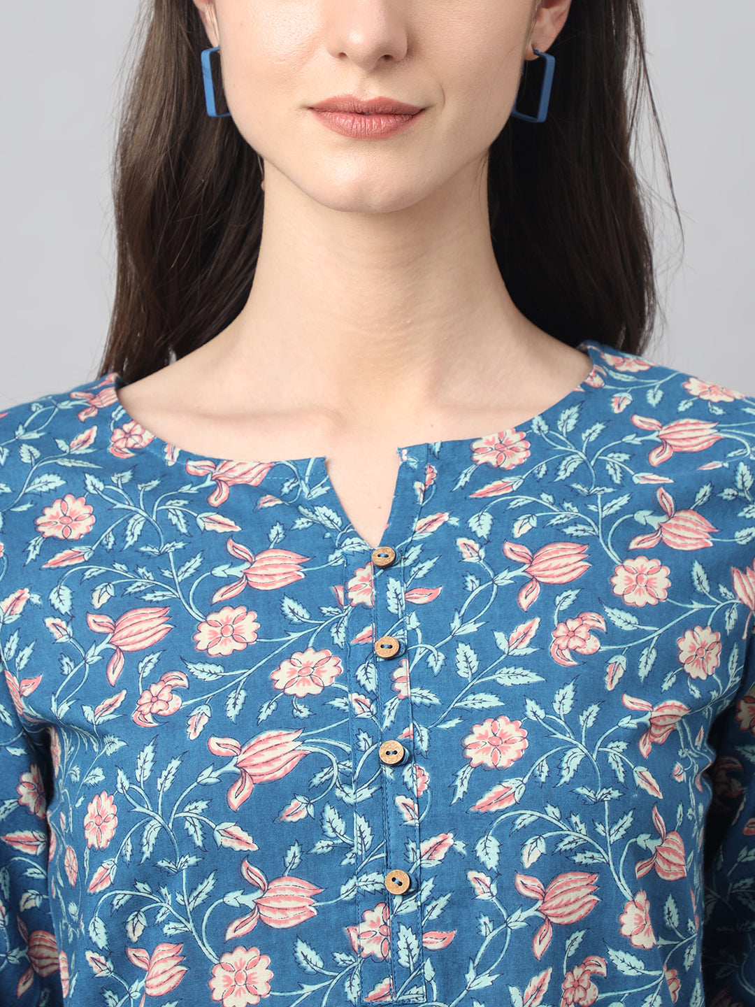 Blue Cotton Floral Print Regular Tunic Janasya