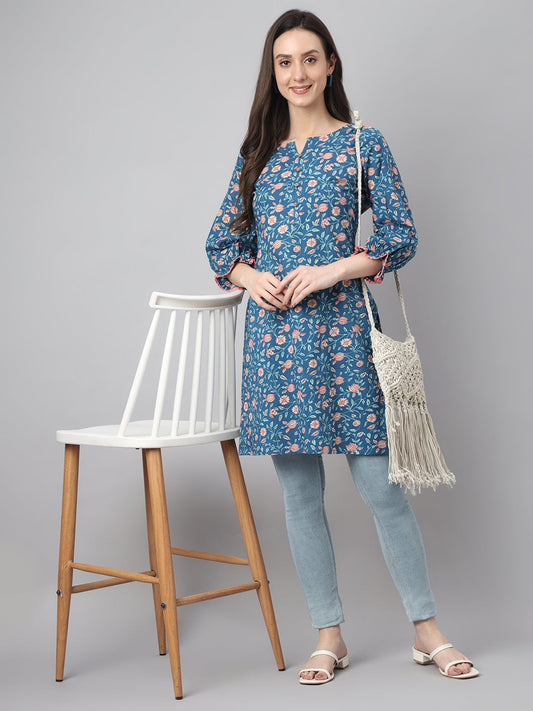 Blue Cotton Floral Print Regular Tunic Janasya