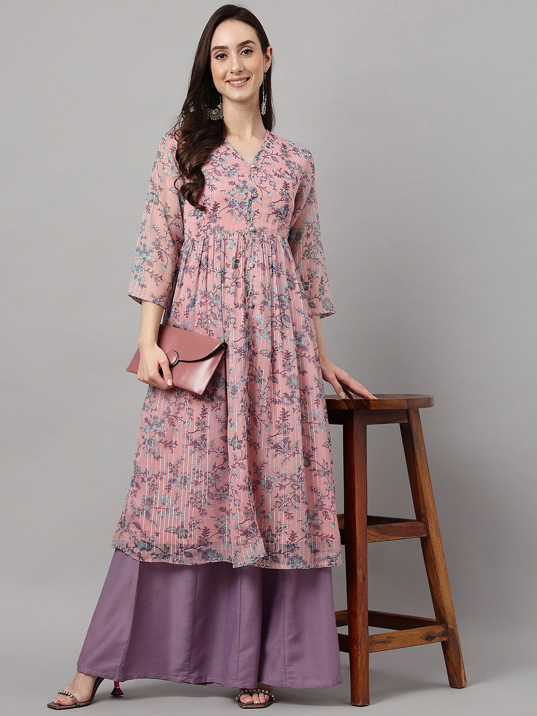 Women's Pink Chiffon Lurex Floral Printed Flared Kurta Janasya