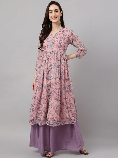 Women's Pink Chiffon Lurex Floral Printed Flared Kurta Janasya