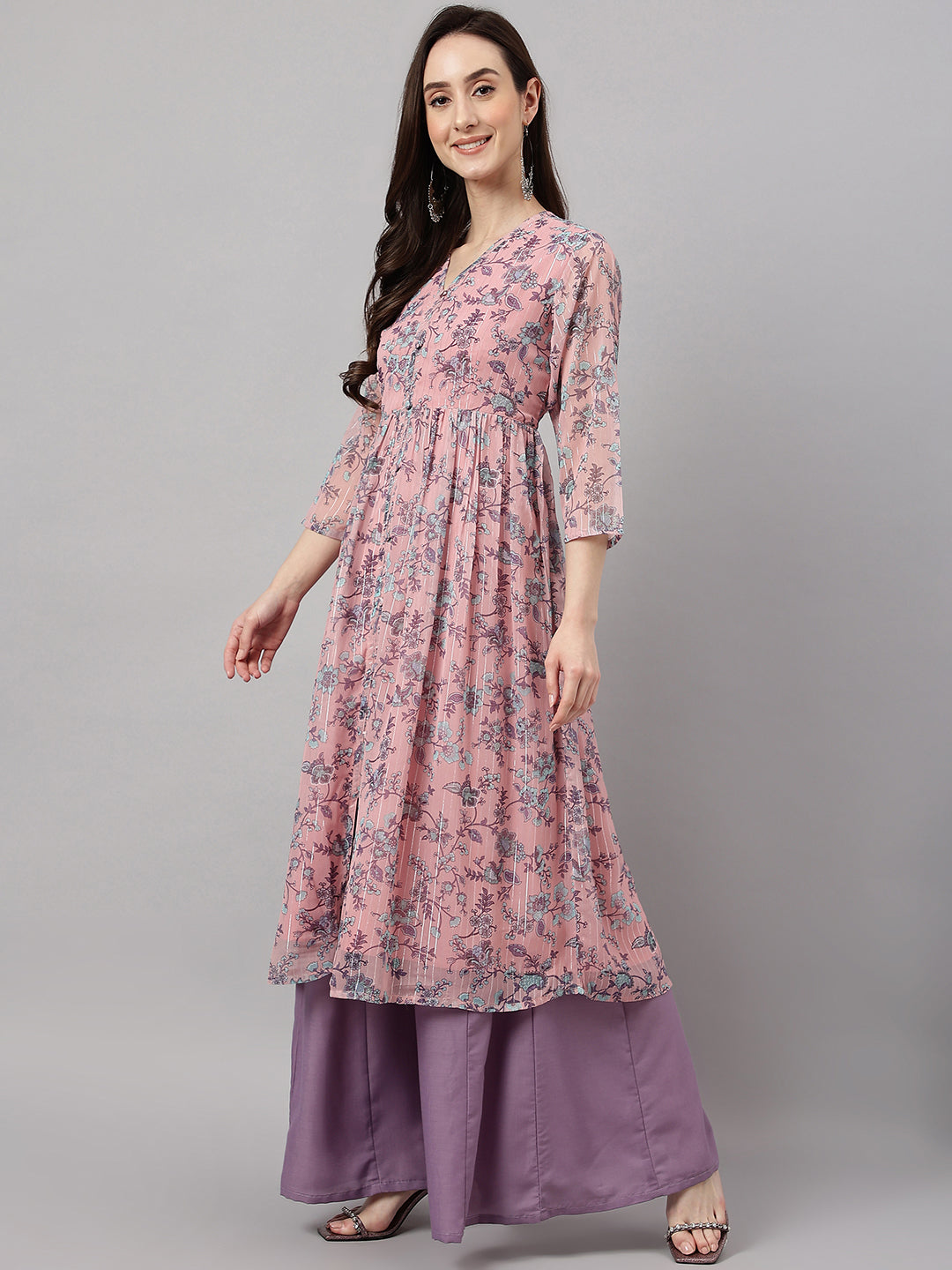 Women's Pink Chiffon Lurex Floral Printed Flared Kurta Janasya