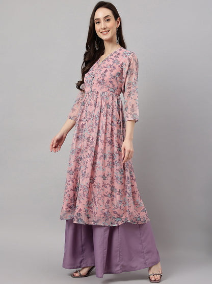 Women's Pink Chiffon Lurex Floral Printed Flared Kurta Janasya