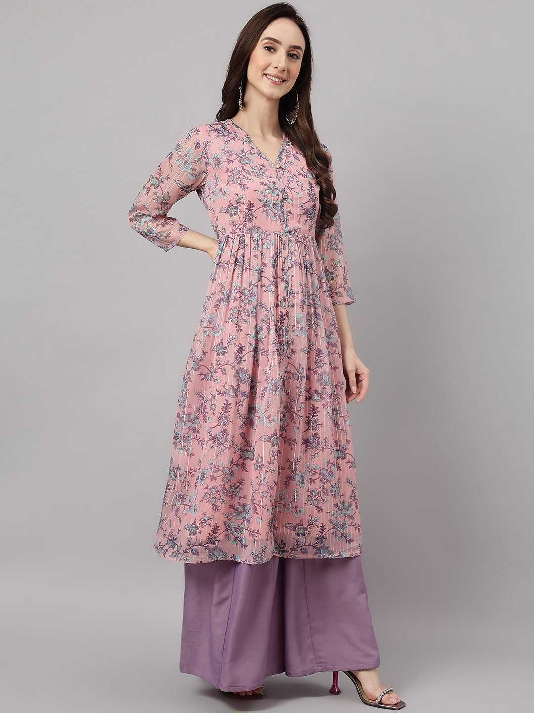 Women's Pink Chiffon Lurex Floral Printed Flared Kurta Janasya