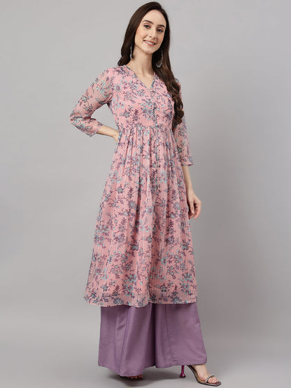 Women's Pink Chiffon Lurex Floral Printed Flared Kurta Janasya