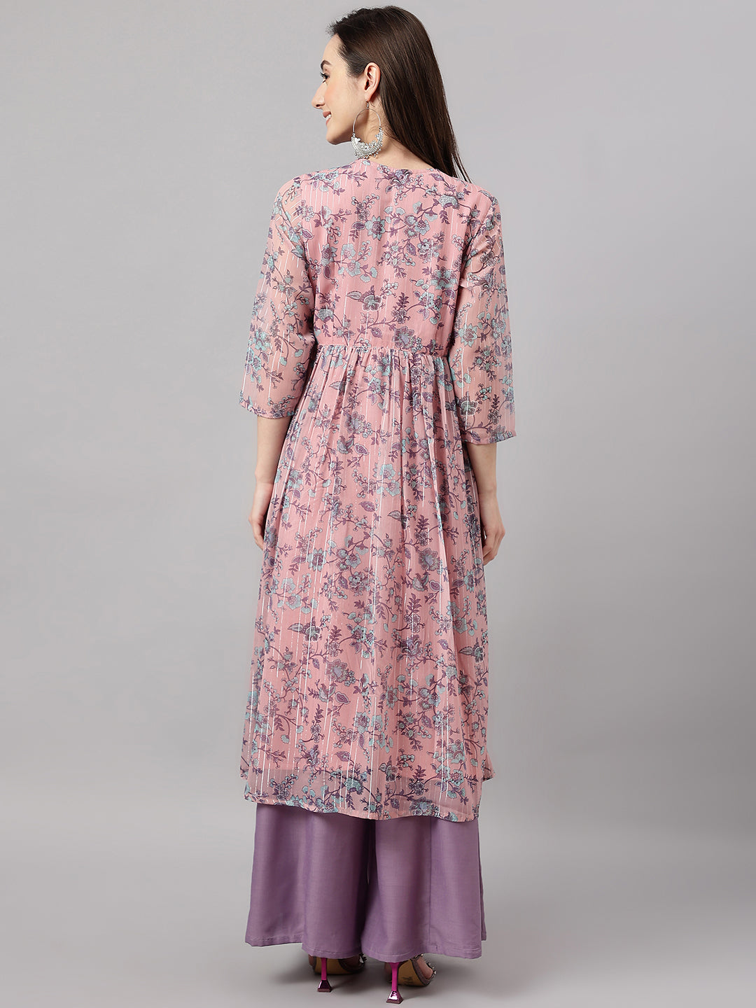 Women's Pink Chiffon Lurex Floral Printed Flared Kurta Janasya