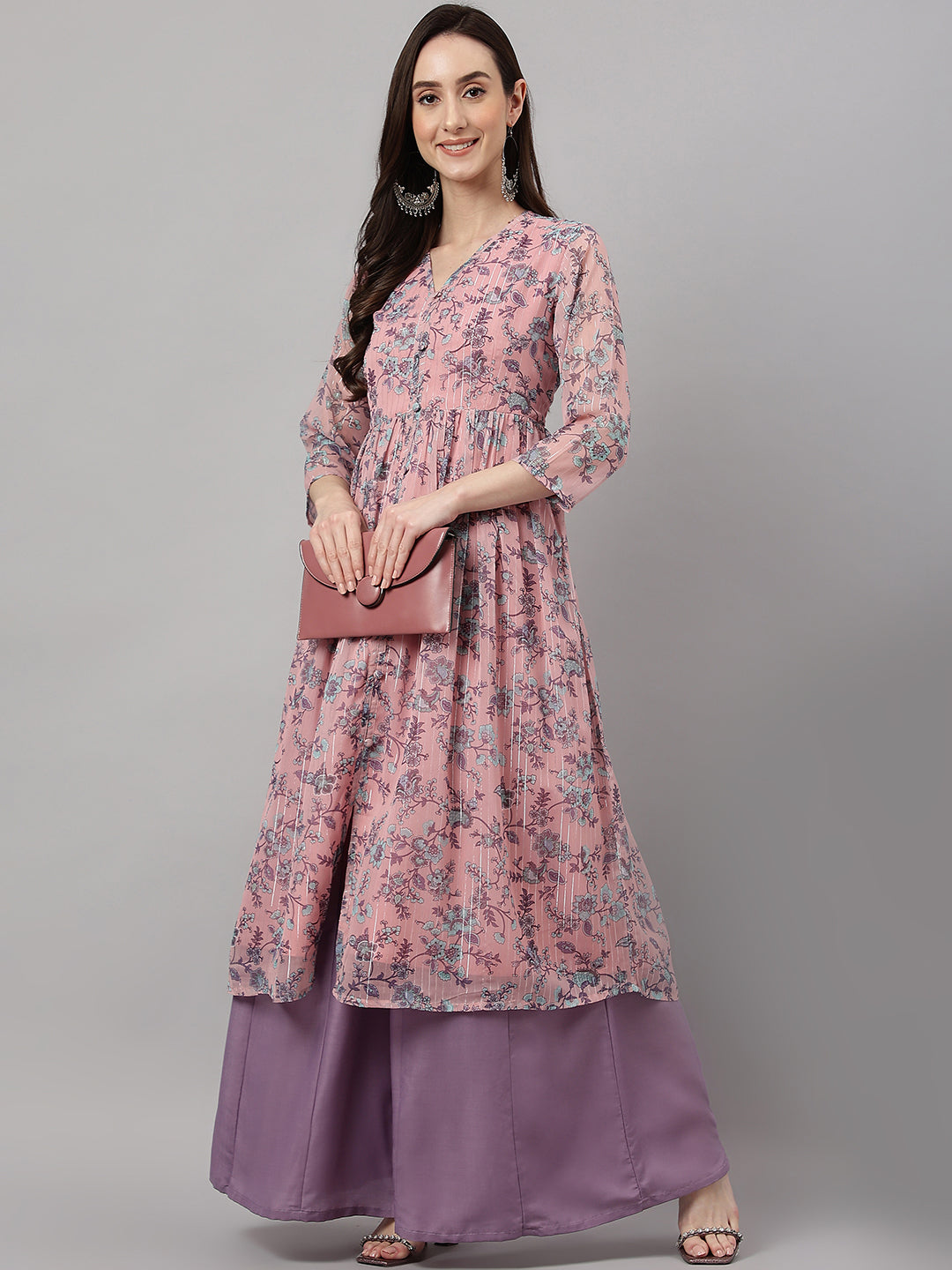 Women's Pink Chiffon Lurex Floral Printed Flared Kurta Janasya
