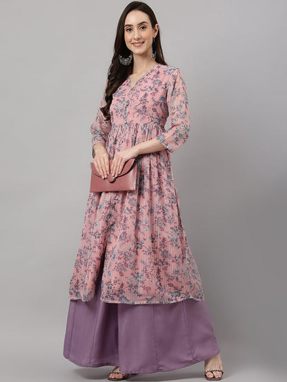 Women's Pink Chiffon Lurex Floral Printed Flared Kurta Janasya