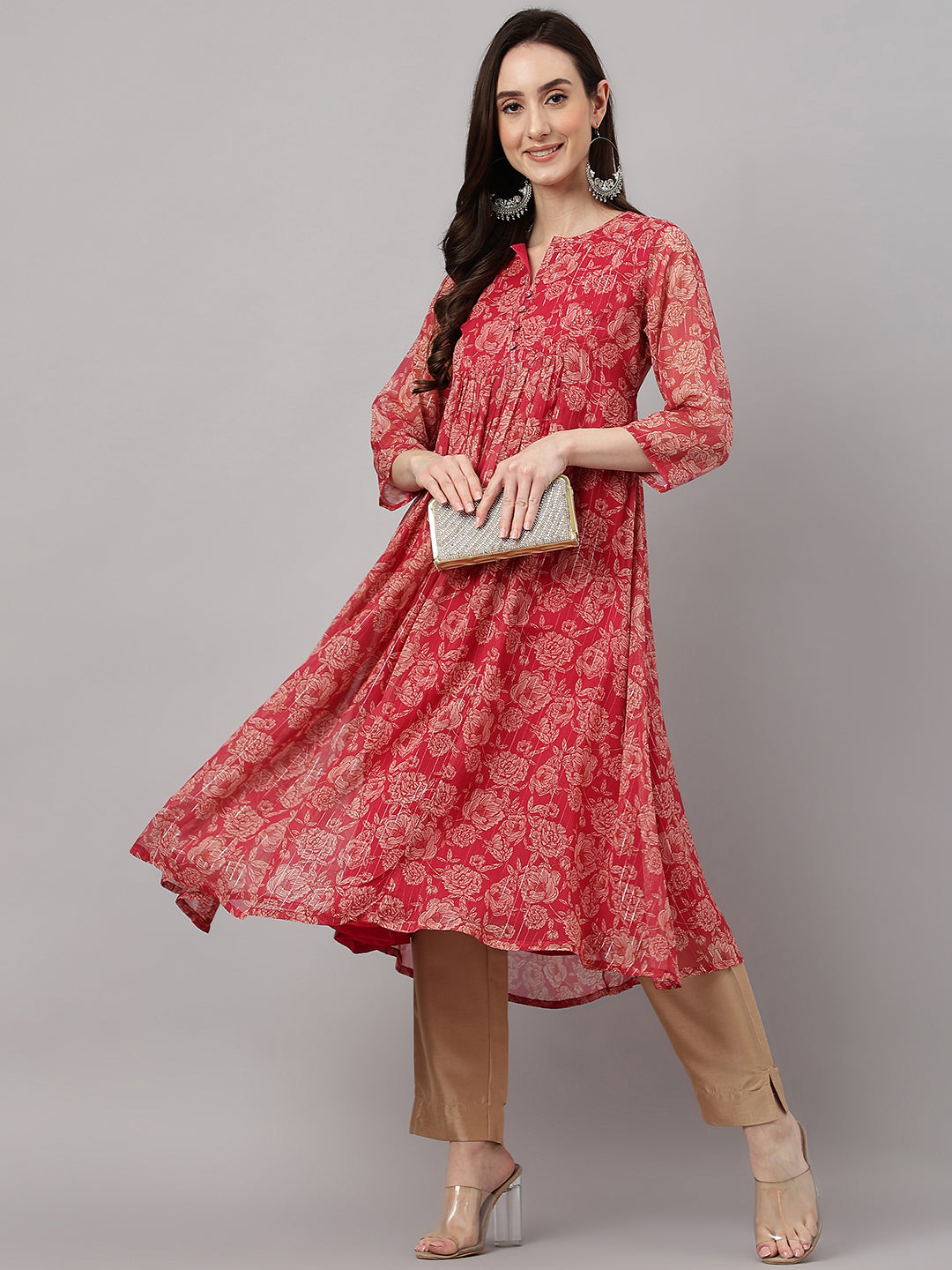 Women's Dark Pink Chiffon Lurex Floral Printed flared Kurta Janasya