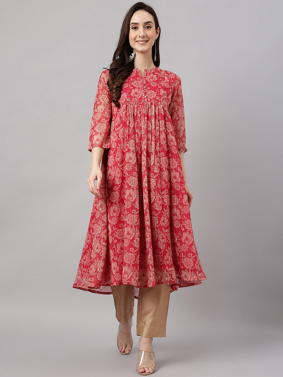 Women's Dark Pink Chiffon Lurex Floral Printed flared Kurta Janasya