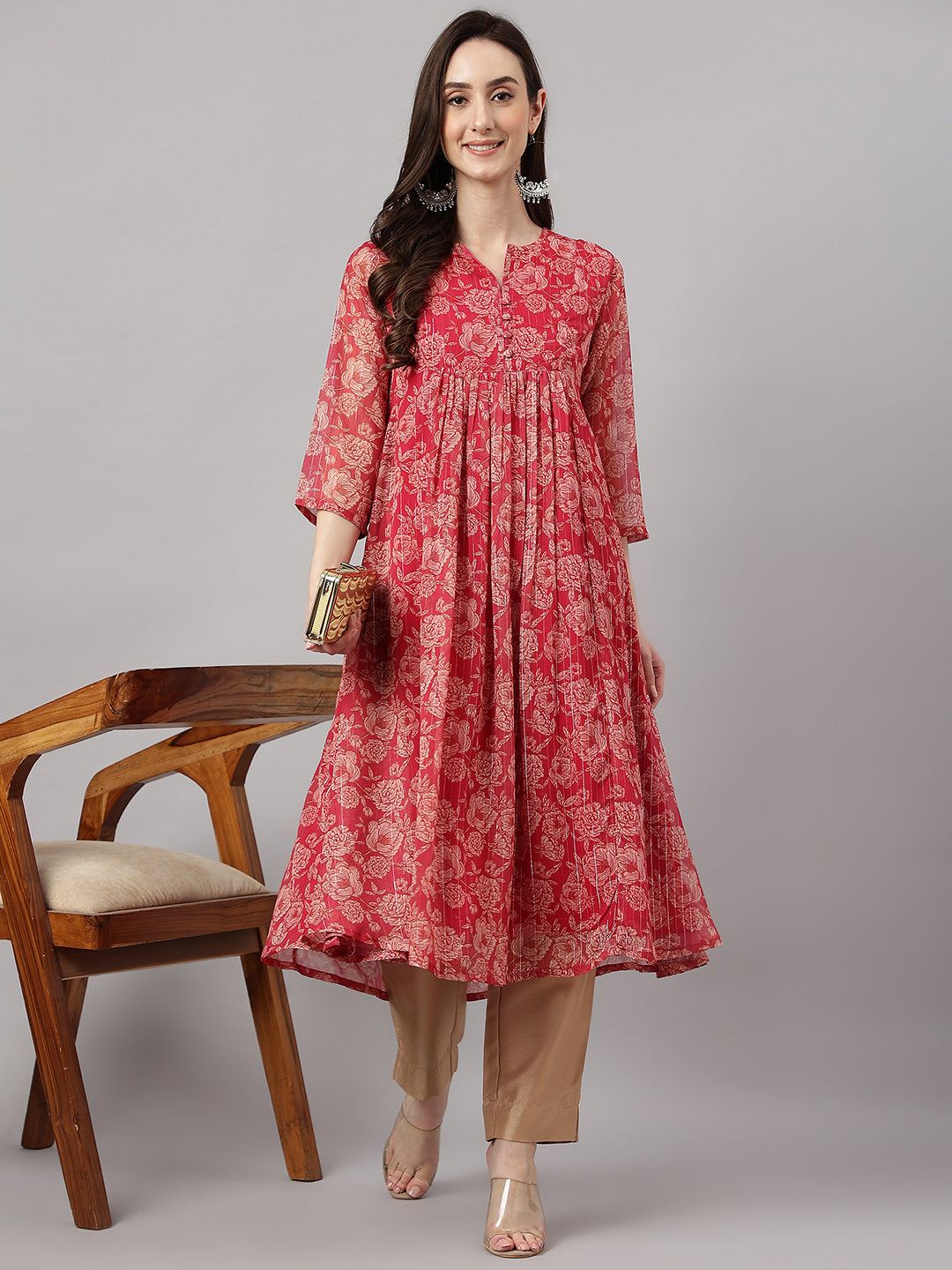 Women's Dark Pink Chiffon Lurex Floral Printed flared Kurta Janasya