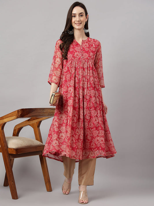 Women's Dark Pink Chiffon Lurex Floral Printed flared Kurta Janasya