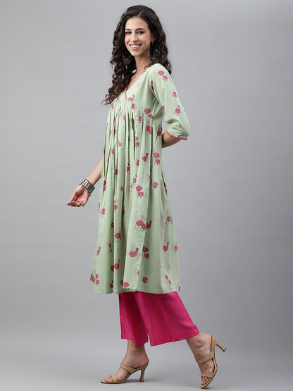 Light Green Cotton Floral Printed Flared Kurta