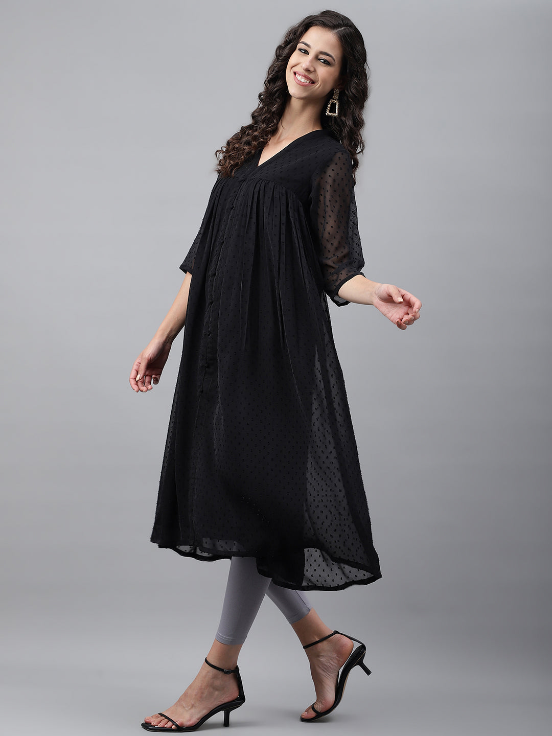 Black Dobby Chiffon Self Design Empire Kurta