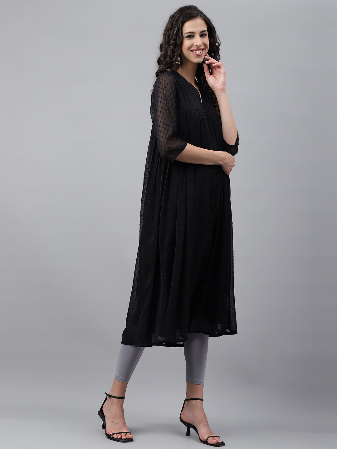 Black Dobby Chiffon Self Design Empire Kurta