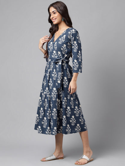 Navy Blue Cotton Floral Printed Wrap Dress