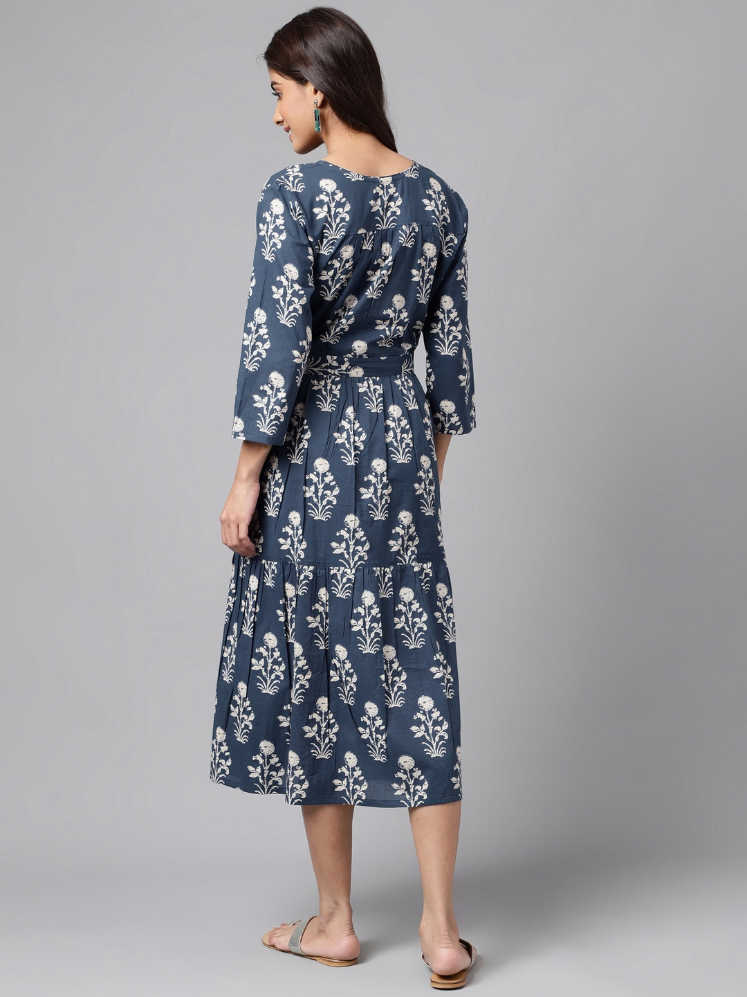 Navy Blue Cotton Floral Printed Wrap Dress