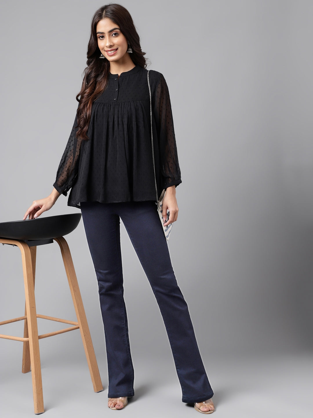 Black Dobby Chiffon Solid Empire Top