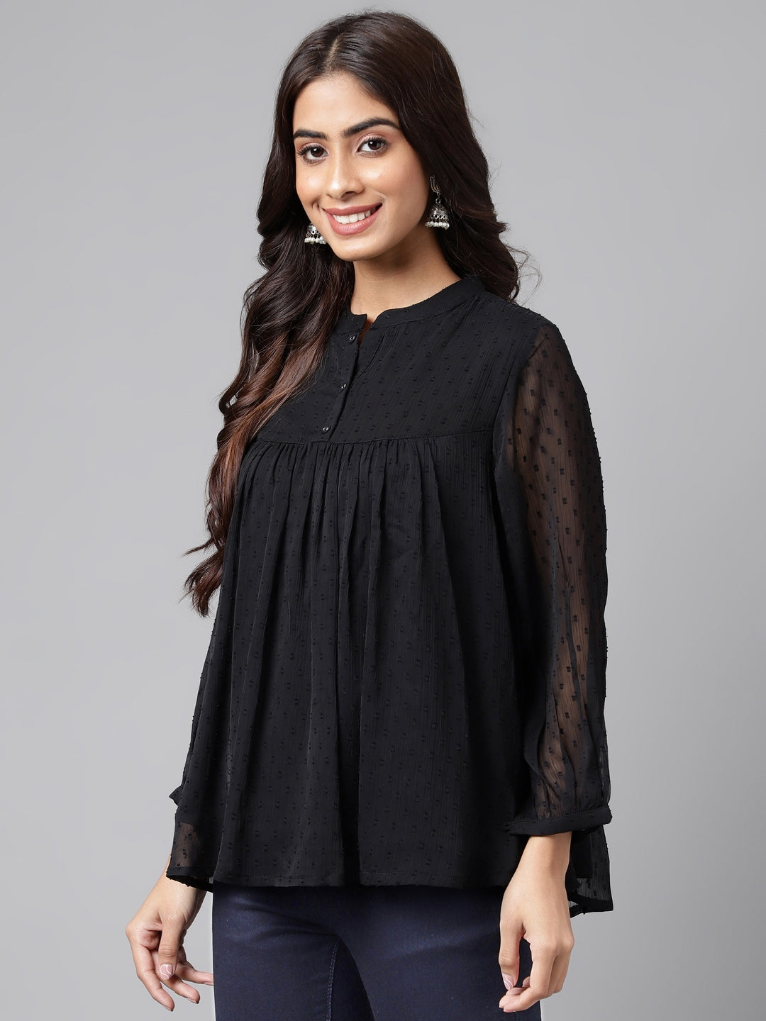 Black Dobby Chiffon Solid Empire Top