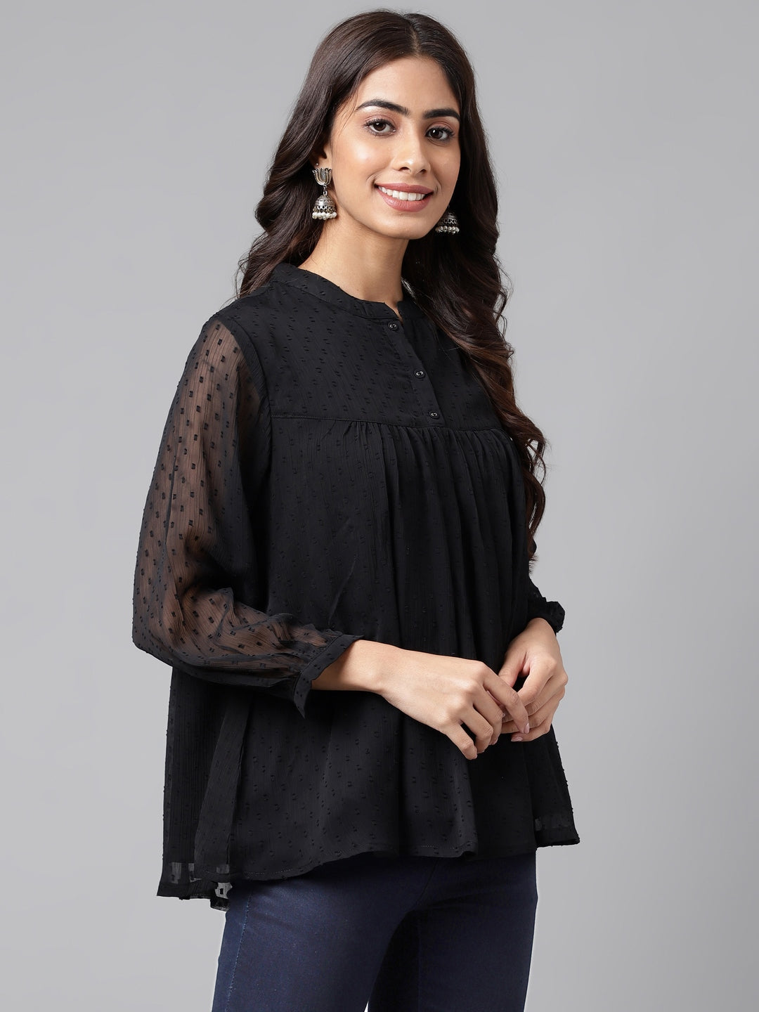 Black Dobby Chiffon Solid Empire Top