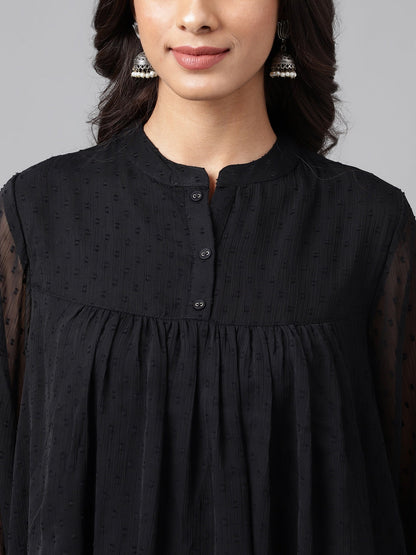 Black Dobby Chiffon Solid Empire Top