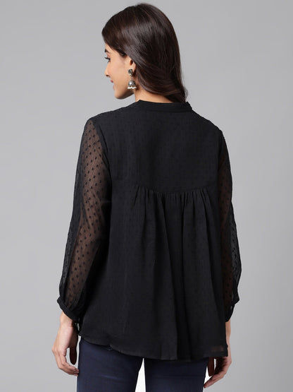 Black Dobby Chiffon Solid Empire Top