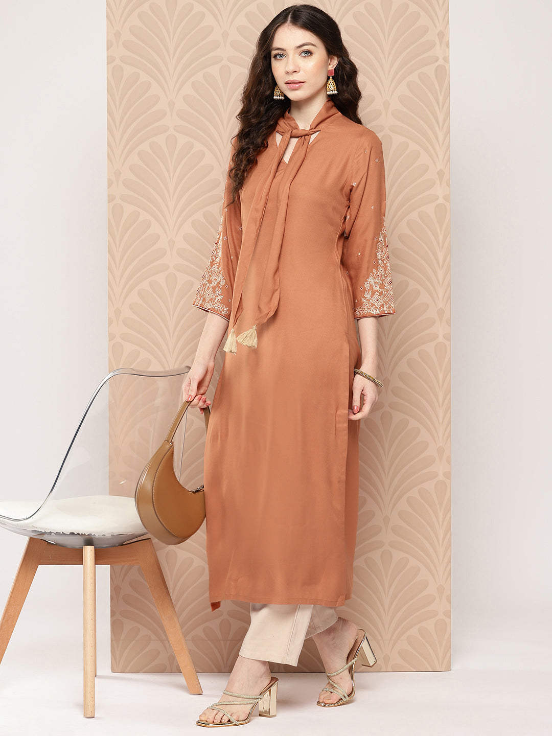 Peach Rayon Solid Straight Kurta