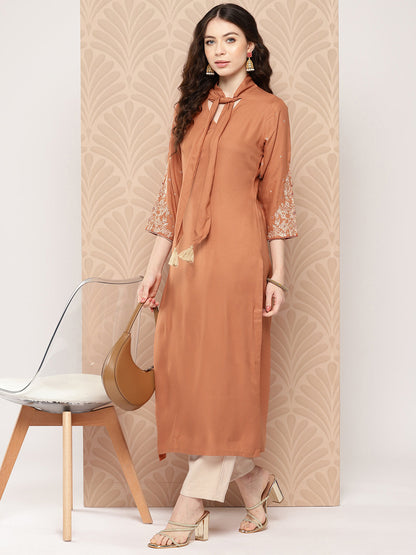 Peach Rayon Solid Straight Kurta