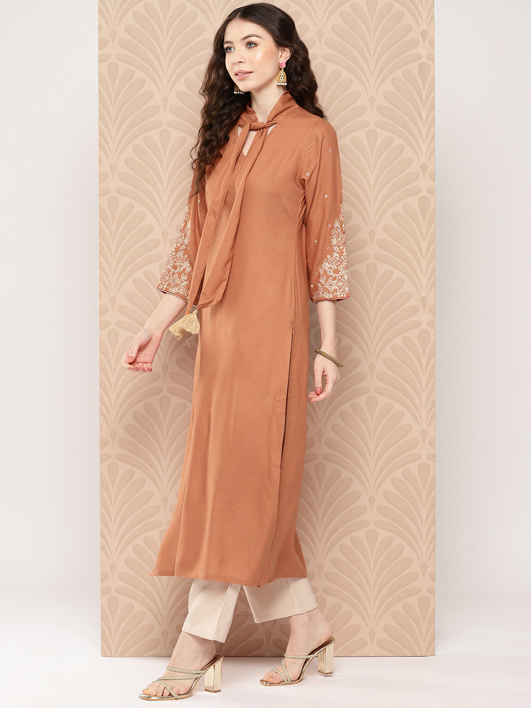 Peach Rayon Solid Straight Kurta