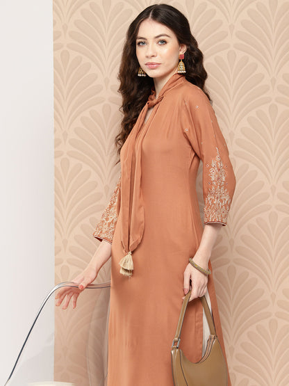 Peach Rayon Solid Straight Kurta